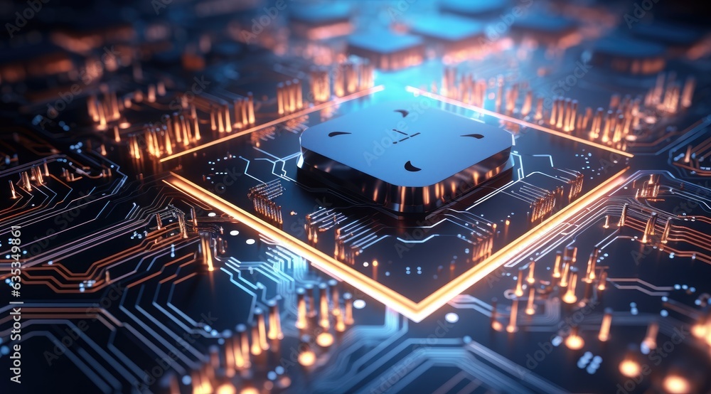 Poster futuristic neon microprocessor on blue background. integrated microchip