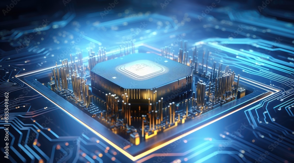 Poster Futuristic neon microprocessor on blue background. Integrated microchip