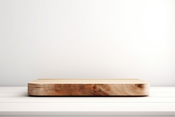 Wooden circular podium in white clean room. Front view - minimalism background for cosmetics, food or jewelry