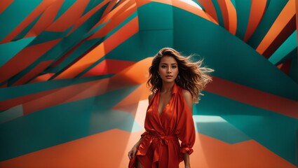 A woman in a vibrant red dress posing against a colorful wall