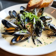 mussels in cream sauce with baguette in plate. Generative ai - obrazy, fototapety, plakaty