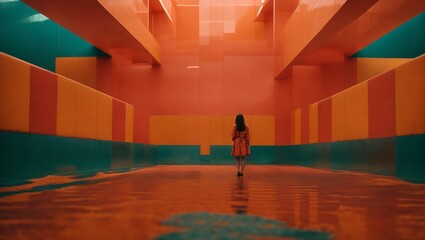 A woman standing in a brightly colored room