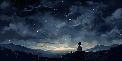 Silhouette of a boy looking at the starry sky, cartoon style, A man stands in the night sky looking up at the stars.