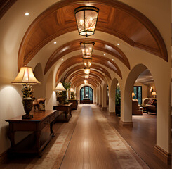 Fototapeta premium wood ceiling, arched ceiling, long hallway