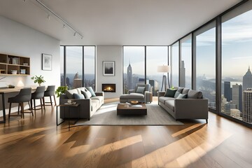 Fototapeta premium a living room with hardwood flooring and large windows looking out onto the city view