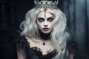 Cheerful girl dressed as a zombie princess with pale makeup and gothic accessories.