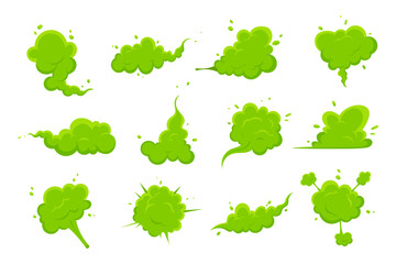 Smelling green cartoon smoke or fart clouds flat style design vector illustration set. Bad stink or toxic aroma cartoon smoke cloud isolated on white background.