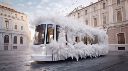 European white fashion feathered tram, Glamorous tram, feathers on the tram