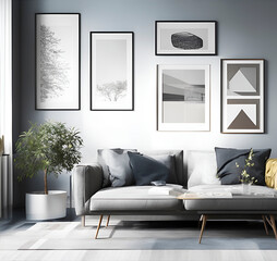 interior with gray sofa and picture frames, 3d render illustration, interior in scandinavian style