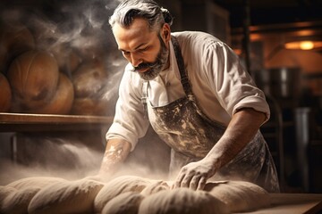 Fototapeta premium passionate baker, coated in flour, with their hair pulled back, showing pride and exhaustion in their eyes