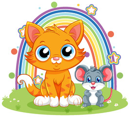 Obraz na płótnie Canvas Cute Cat with Mouse in Cartoon Style