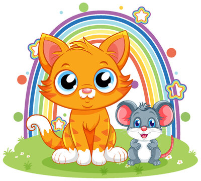 Cute Cat with Mouse in Cartoon Style
