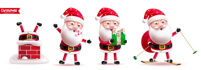 Santa claus christmas character vector set. Christmas santa claus characters in standing, singing and skating cartoon collection. Vector illustration santa character collection.
