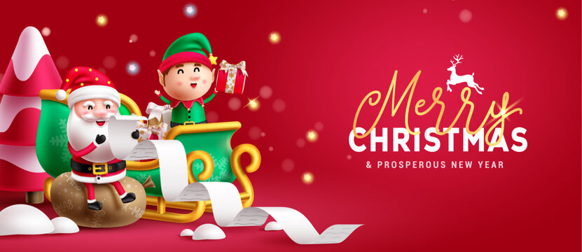 Christmas sleigh vector design. Merry christmas text with santa claus and reindeer characters reading paper wish list for gift giving holiday season. Vector illustration xmas greeting card.
