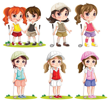 Cheerful Golfer Cartoon Characters in Vector Style