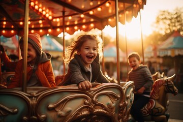 Fototapeta na wymiar Kids Spinning On A Merry Go Round, Generative AI