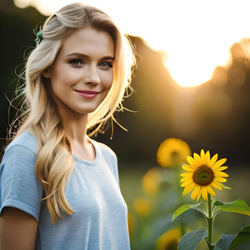 Beautiful blonde woman enjoying nature . Happy smiling female standing in sunflowers field. Generative AI