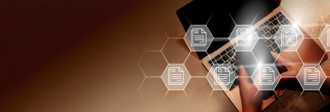  Online documentation database;  document management system concept background on virtual screen.