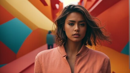 Naklejka premium A woman standing in front of a vibrant wall
