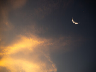 Obraz na płótnie Canvas Moon Ramadan Islamic Background, Sky Night Star Crescent Moon Eid Mubarak Kareem Greeting Evening Islam Ramazan Arabian Pray Sunset Muslim Holy, Fasting Ayyamul Bidh, Safar, Rabi' ath-Thani, Jumada.
