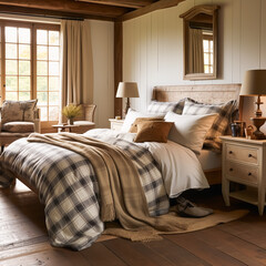 Obraz premium Bedroom decor, interior design and holiday rental, classic bed with elegant plush bedding and furniture, English country house and cottage style