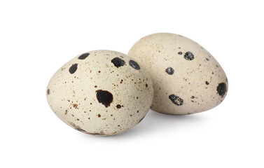 Beautiful speckled quail eggs on white background
