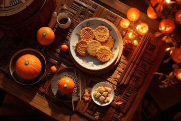 Chinese moon festival concept. traditional moon cookies and fruits. design space. top view