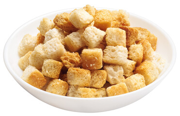 Crispy croutons in bowl isolated