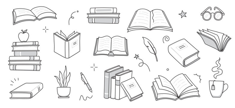 Book stack sketch set. Hand drawn sketch doodle style line book stack. Library, reading, school doodle concept icon background. Blue pen line style stroke. Vector illustration