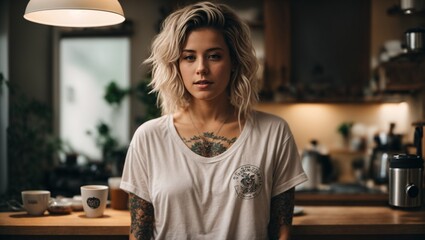 A woman with tattoos in a stylish kitchen - obrazy, fototapety, plakaty