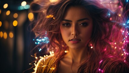 A woman with long flowing hair and vibrant lights in the background