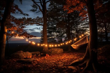  Camping Hammock Set Up Between Trees, Generative AI