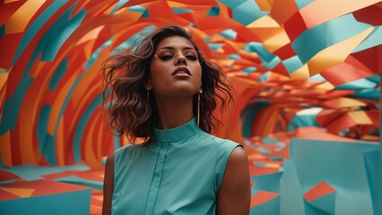 A woman standing in front of a vibrant and captivating tunnel