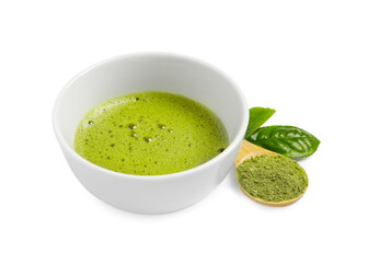 Cup of fresh matcha tea, green powder and leaves isolated on white