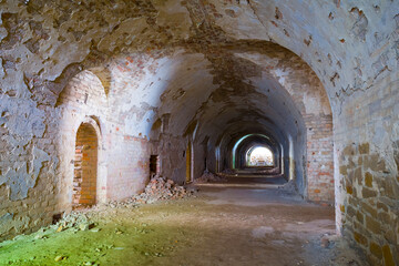 closeup old medieval fortress tunnel, old abandoned structure interior