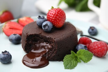 Delicious chocolate fondant, berries and mint on plate, closeup