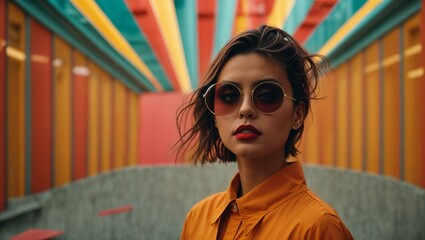 A stylish woman in sunglasses posing in a hallway