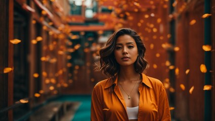 A woman standing in a hallway with falling leaves