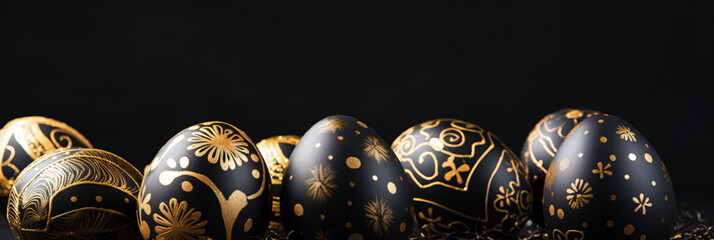 Black and golden painted Easter eggs with glitter