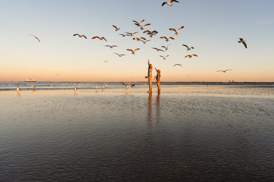 Two children reaching for seagulls at Texas beach