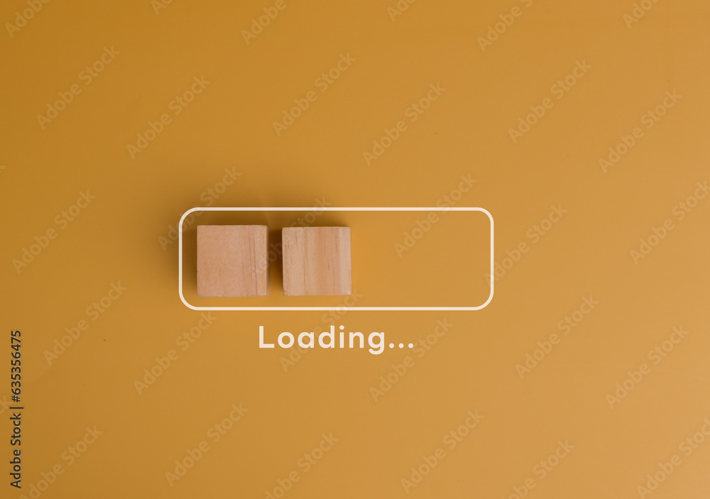 Poster wooden cube blocks with loading bar progress concept. business idea progress plan strategy concept o