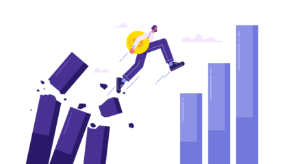 Change investment from down turn to rising up concept, businessman investor jumping jumping off the falling chart to growth chart