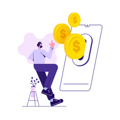 Businessman make money income from smart phone, gold coins flow out of the slot on the smartphone...