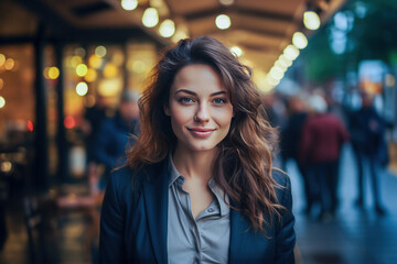 Portrait of a beautiful young brunette woman in a cafe. Generative AI