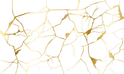 Gold kintsugi repair cracks background vector isolated on white background. Broken foil marble pattern with golden dry cracks. Wedding card, cover or print pattern Japanese motif.