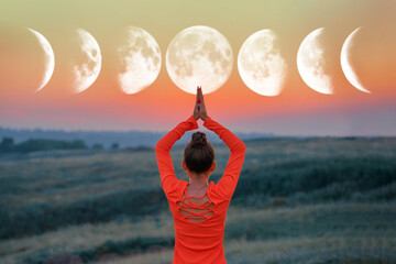 a girl in nature in a pose of balance and the phases of the moon in a clear sky