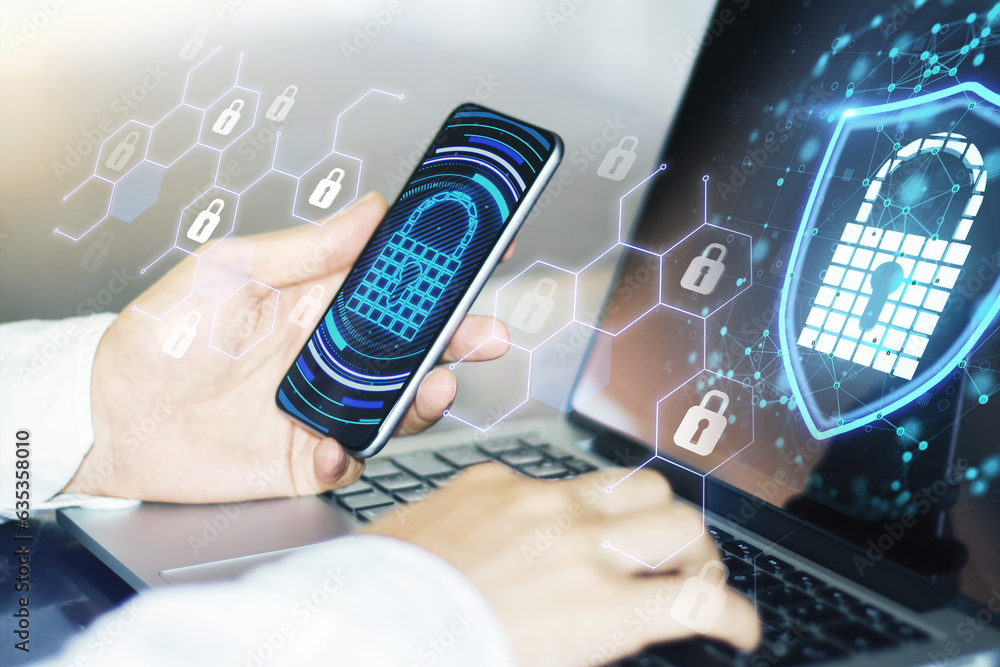 Poster cyber security, information protection, data safety and encryption concept. businessman using mobile