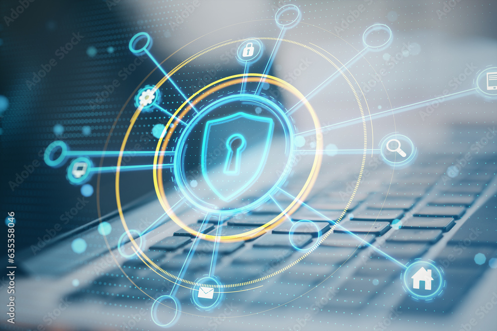 Poster Close up of laptop computer with glowing padlock screen hologram on blurry background. Digital safety and secure web search concept. Double exposure.
