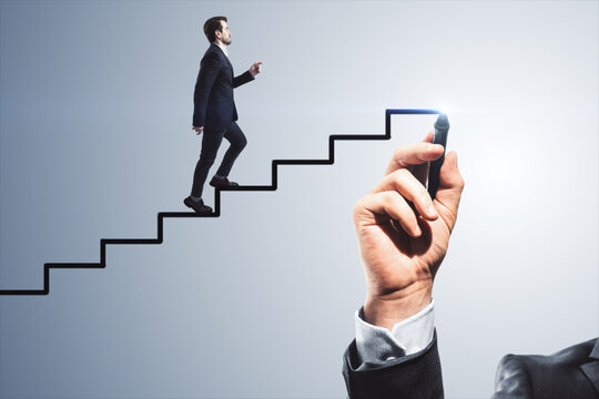 Abstract image of man climbing hand drawn stairs on light background. Teamwork, success and career development concept.