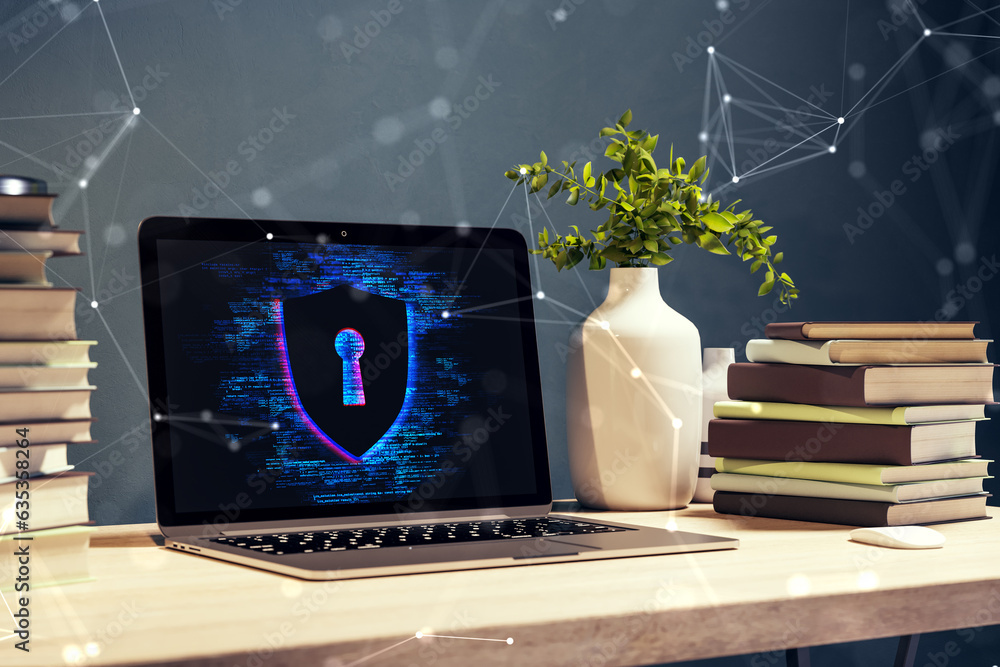 Poster close up of modern designer workplace with books, laptop and creative polygonal digital safety holog